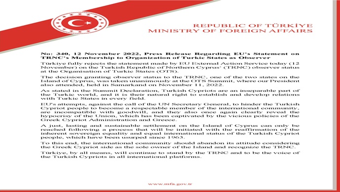 Press Release Regarding EU’s Statement on TRNC’s Membership to Organization of Turkic States as Observer